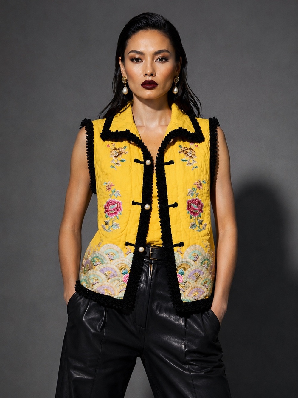 Womens Yellow Embroidered Vest US Large Asian 2XL Floral Boho Cottage